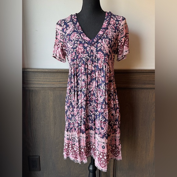 Knox Rose Tops - Knox Rose Pink & Navy Floral V-Neck Babydoll Tunic XS NWOT